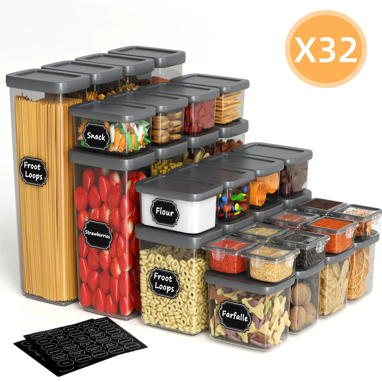 Set of 32 Airtight Food Containers with Labels, BPA-Free Clear Plastic Pantry Organizers, Stackable Containers for Cereal, Flour, Pasta & Spices