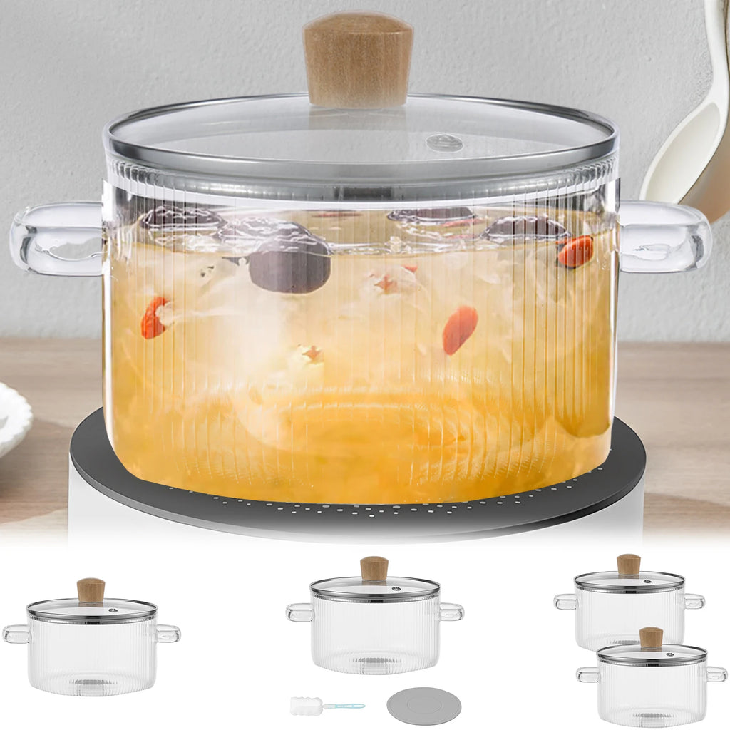 Kochtopf aus Glas, abgedeckt, Herdtopf, hitzebeständiger 1,6-Liter-Glastopf mit Deckelgriffen, Glaskochtopf, Küchenkochgeschirr