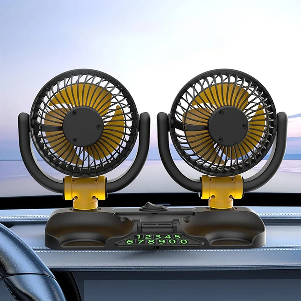 Ventilatore per Auto 12V a Doppia Testa con Rotazione a 360 Gradi, Portatile, 2 Velocità, Vento Forte, Alimentazione da Presa Accendisigari per Camion, SUV, Camper