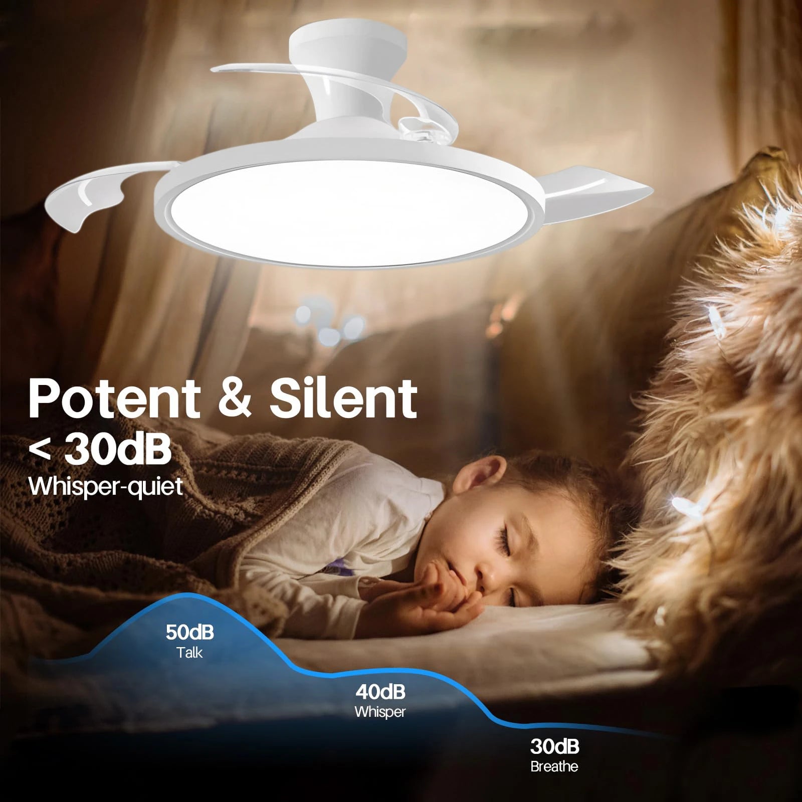 Ventilatore da Soffitto Invisibile con Luce, Pale Retrattili, Grande Ventilatore Elettrico per Raffreddamento e Ventilazione, Telecomando, Illuminazione Dimmerabile
