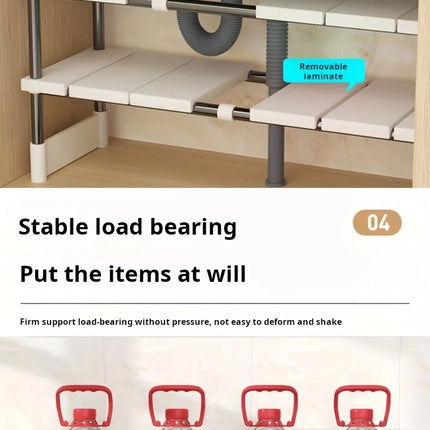 Adjustable Under Sink Storage Shelf, Expandable Kitchen and Bathroom Cabinet Organizer, Durable Multi-layer Space-Saving Pot Rack
