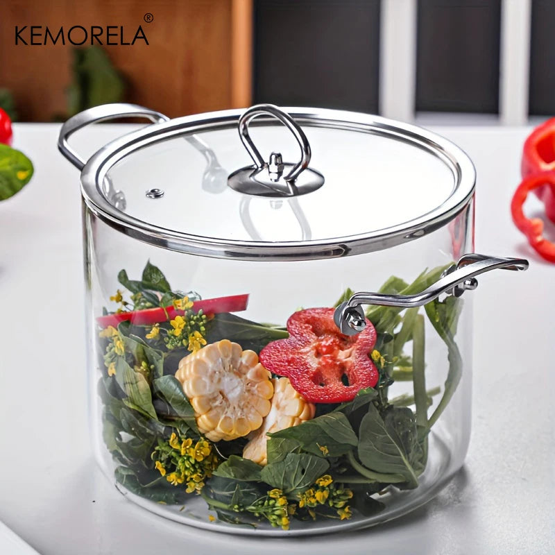 KEMORELA 1 STÜCK Glas Topf 2.5L/3.5L Hitzebeständiger Simmertopf Doppelgriff Töpfe mit Topfdeckel Borosilikatglas-Kochgeschirr