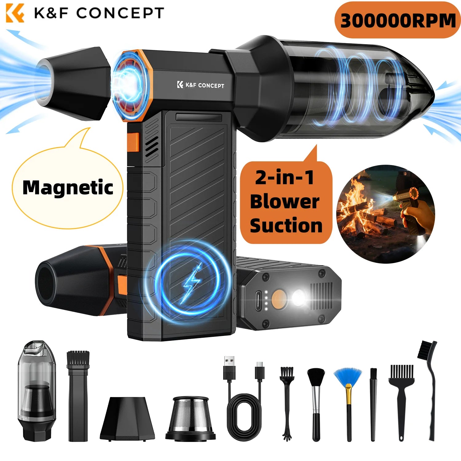300000 giri/min aspirapolvere LED magnetico elettrico spolverino compresso 2-in-1 ventilatore d'aria e aspirazione per computer, tastiera portatile, pulizia della fotocamera