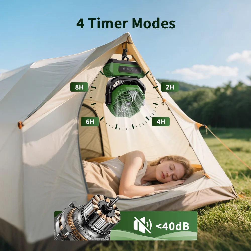 Ventilatore da campeggio portatile ricaricabile da 15000 mAh con lanterna a LED, ventilatore da tavolo a batteria senza fili USB-C, ventilatore personale leggero per viaggi, camera da letto, tenda, pesca, spiaggia, ufficio, c