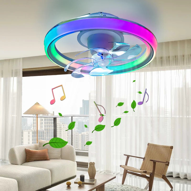 Ventilatore da soffitto a LED intelligente con altoparlante 360 °   Lampadario rotante moderno RGB con telecomando APP, lampadario a 6 velocità per interni domestici