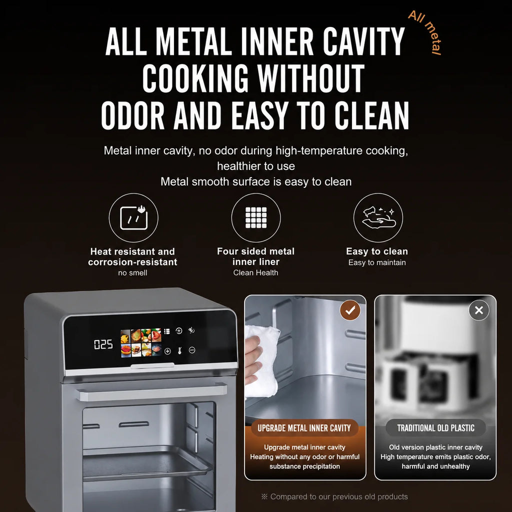 Forno Friggitrice ad Aria 1350W 20L, Interno in Metallo, Circolazione Aria Calda 3D, Doppio Strato, Schermo Touch a Colori, Spina EU
