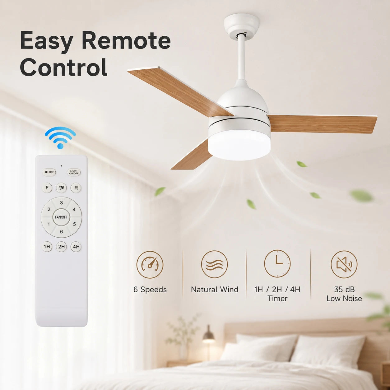 Ventilatore da Soffitto LED 2-in-1 con Luce, Telecomando, Dimmerabile, Reversibile, Silenzioso, 6 Velocità, per Camera da Letto, Soggiorno, Sala da Pranzo