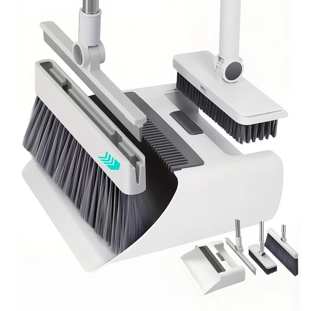 4-in-1-Set aus faltbarer Kehrgarnitur mit integrierten Kammzähnen, mehreren Ersatzköpfen, strapazierfähigem Reinigungsset für Zuhause, Küche, Bad und Bodenreinigung.