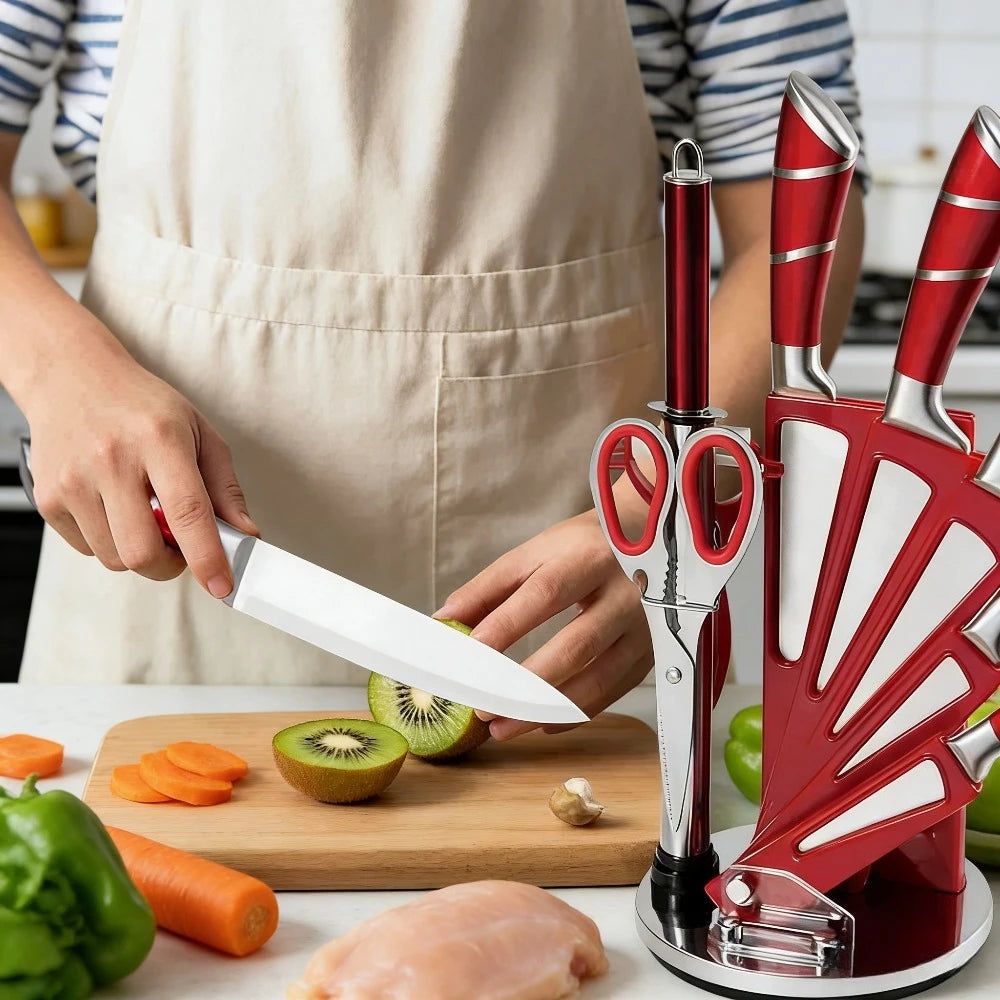 9-teiliges Küchenmesser-Set mit Messerblock, Hohlgriff, Edelstahl, scharfe Kochmesser, für Zuhause, Küche, Restaurant, Geschenkidee