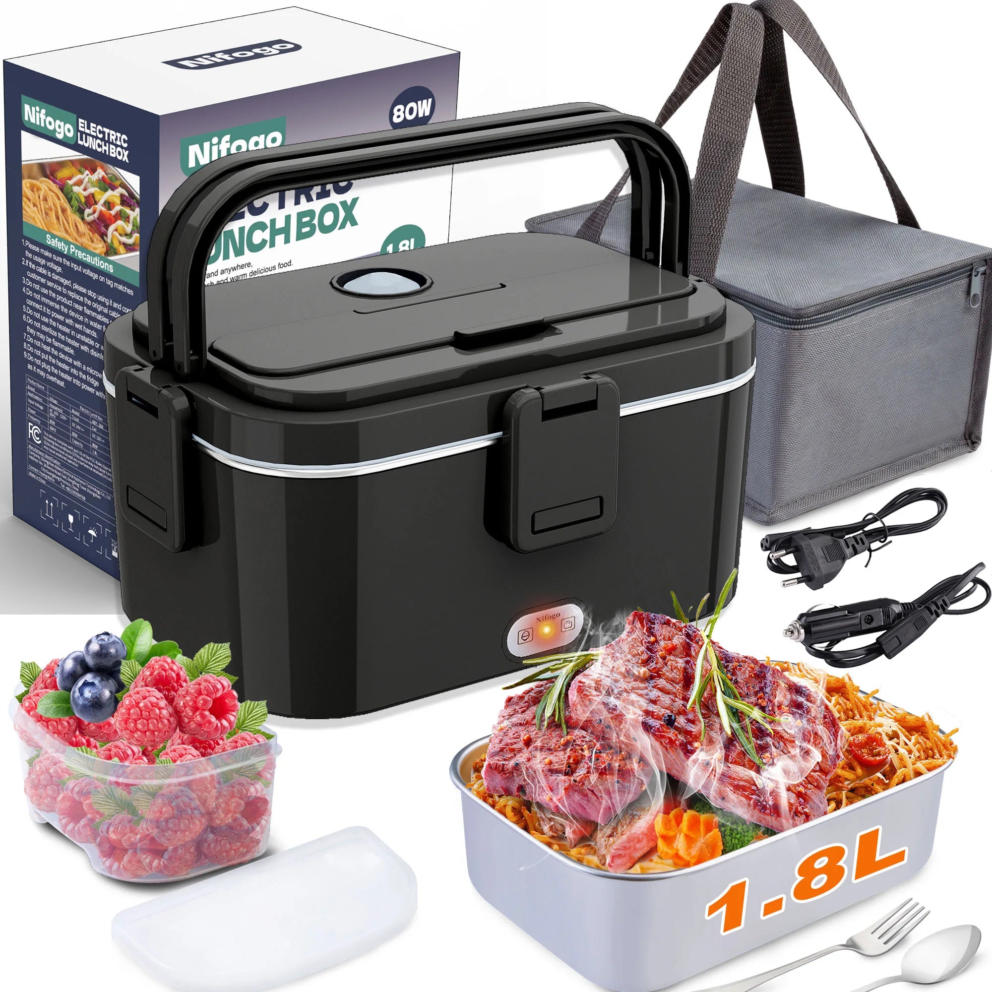 Elektrischer tragbarer Speisenwärmer 1,8 l, 80 W Schnellheizung mit 304 Edelstahl-Innenbehälter, 12V/24V Auto Bento Box mit Kühltasche für Lebensmittel und Obst