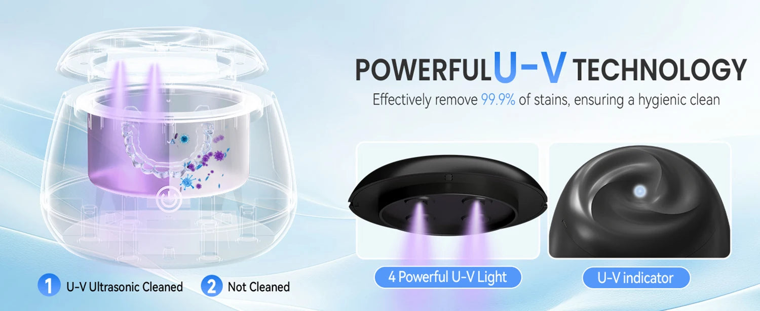 KUNPHY Dental Pod Ultraschallreiniger für Retainer, UV-Licht-Sterilisator für Aligner, Nachtschienen, Mundschutz, Zahnprothesenreiniger