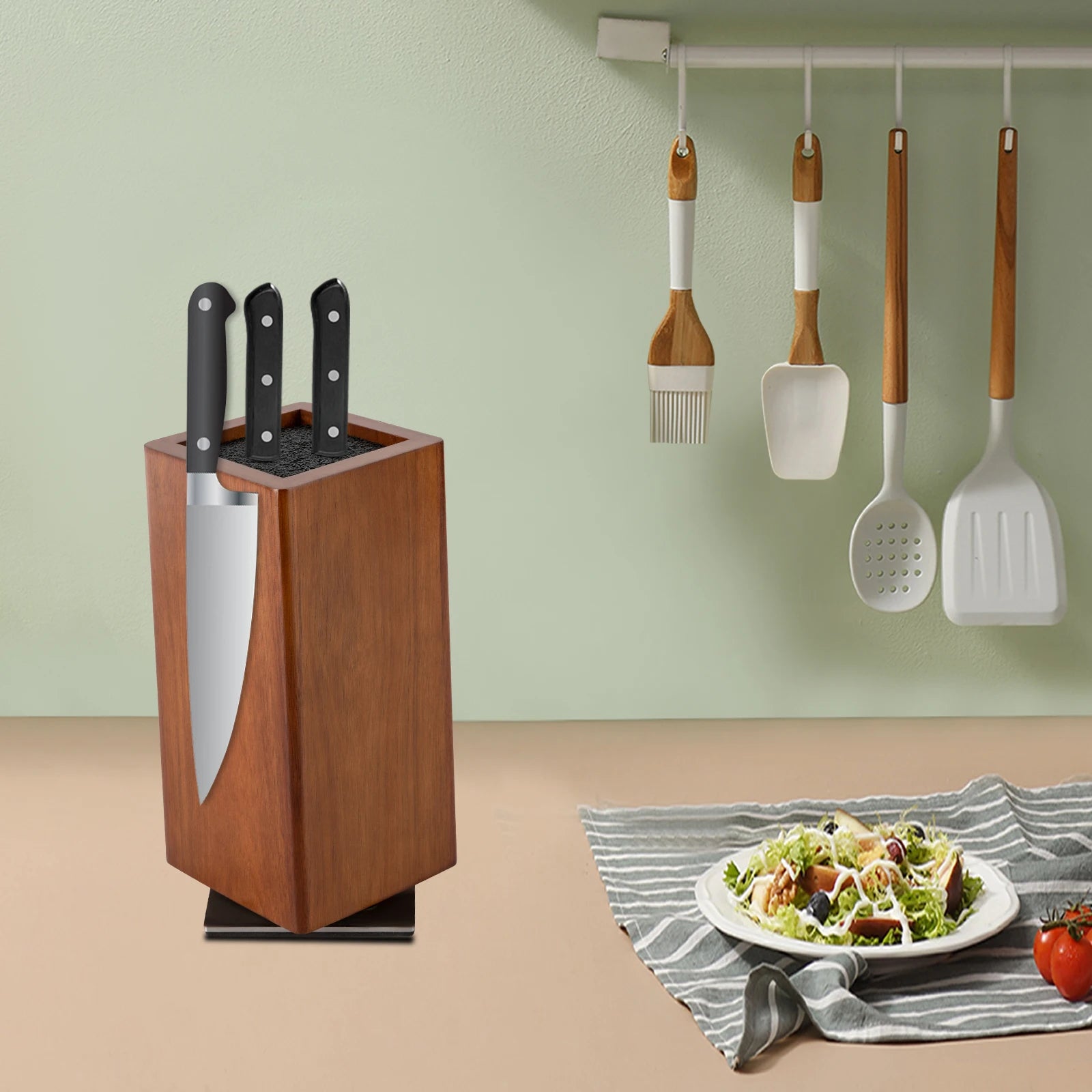 Magnetischer Messerblock, universeller Messerhalter aus Holz, 360° drehbarer Multifunktions-Messerständer für Küchenarbeitsplatte, Restaurant, Hotel
