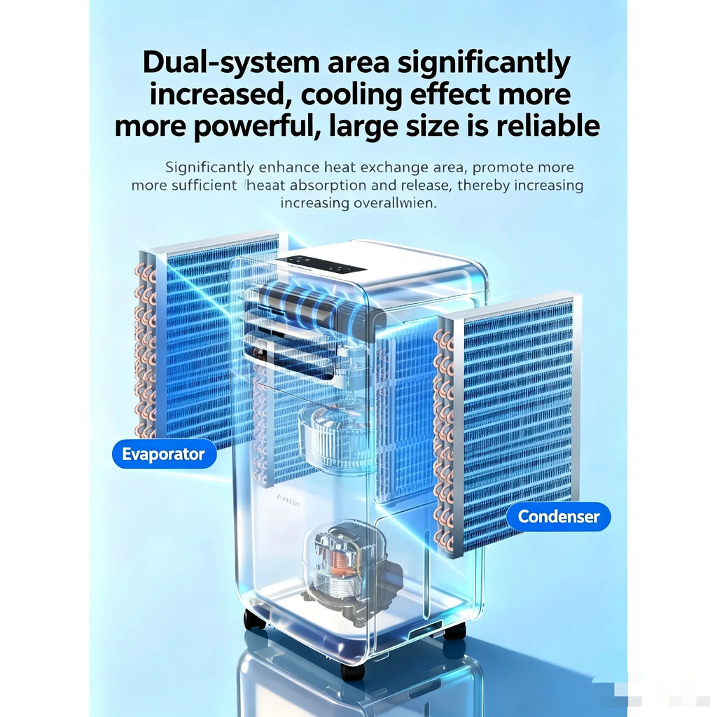 Condizionatore d'Aria Portatile Senza Tubo di Scarico, Compressore Potenziato, Facile Installazione, Ruote Mobili, Mini AC
