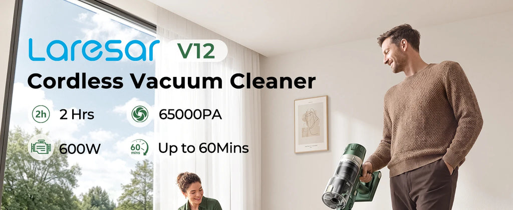 Laresar V12 Aspirapolvere Senza Fili Potente 600W 65000PA, Ricarica Rapida 2H, Batteria Rimovibile e Display Intelligente