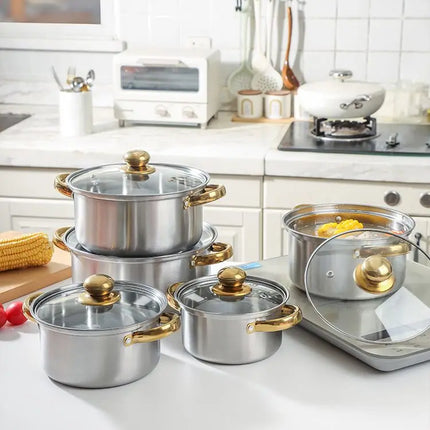 Set di pentole in acciaio inossidabile da 10 pezzi, pentole a induzione, utensili da cucina antiaderenti, casseruola in acciaio inossidabile con coperchio