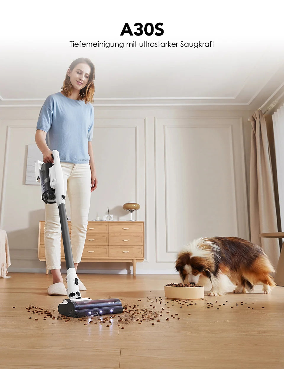 Tineco A30S, Akku-Staubsauger, 160 W Saugleistung, 60 Minuten Laufzeit, 1 L Staubbehälter, ZeroTangle-Bürste, PureCyclone-Technologie, LED-Licht
