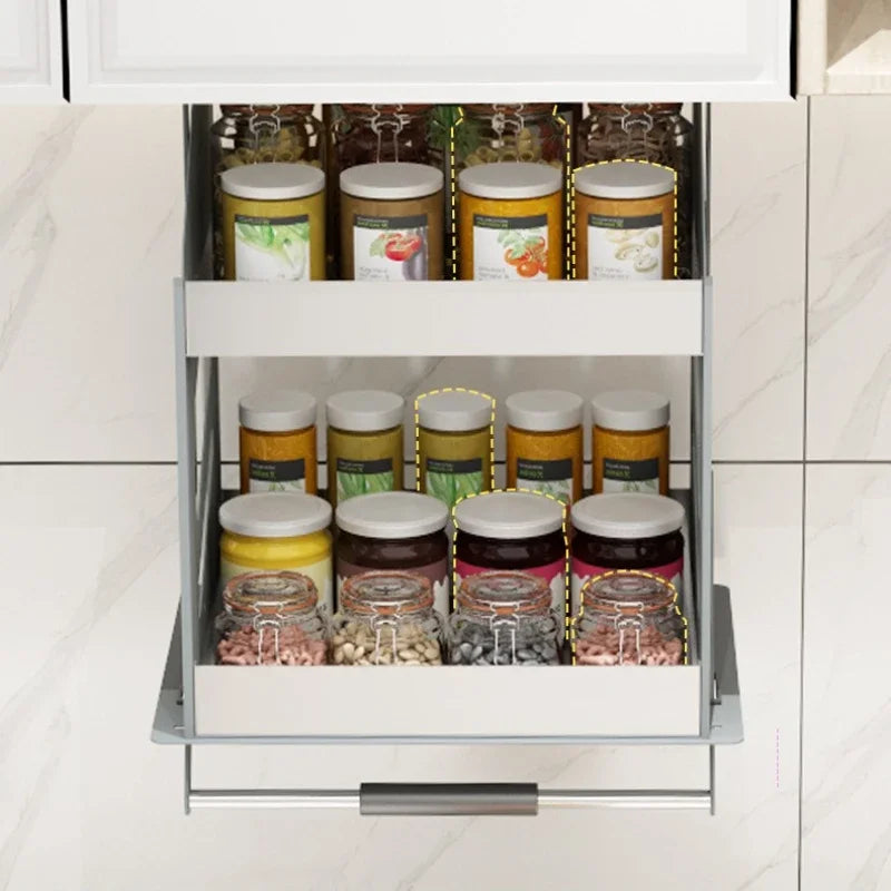 Scaffale Sollevabile Salvaspazio, Armadietto a Muro Estraibile, Scaffale Organizzatore, Scaffali Porta Spezie da Cucina, Mobili Multifunzionali per Cucina