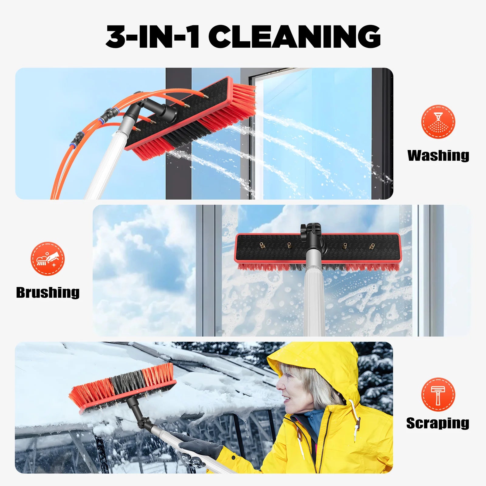3-in-1 Reinigungsset mit Bürste und Schaber, 7,4 m teleskopischer Wasserzufuhrstange, 180° schwenkbare Stäbe für die Außenfensterreinigung
