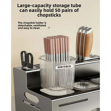 Multifunctional Kitchen Utensil Holder with Integrated Chopstick Rest, No-Drill Wall-Mounted Organizer for Knives and Utensils