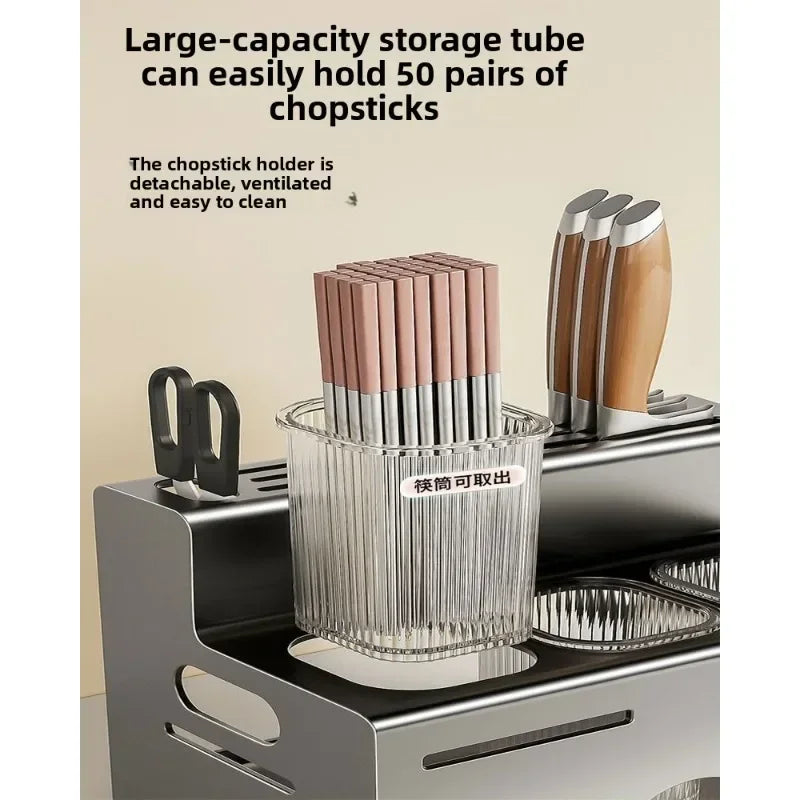 Porta Utensili da Cucina Multifunzionale con Porta Bacchette Integrato, Organizzatore da Parete Senza Foratura per Coltelli e Utensili
