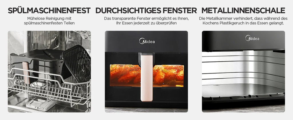 Midea XXL Heißluftfritteuse 8,5 L - 8-in-1, mit Sichtfenster, bis zu 200°C, ölfrei, spülmaschinenfest, Schwarz/Roségold.