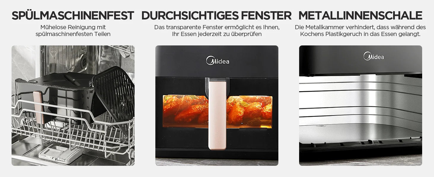 Midea XXL Heißluftfritteuse 8,5 L - 8-in-1, mit Sichtfenster, bis zu 200°C, ölfrei, spülmaschinenfest, Schwarz/Roségold.