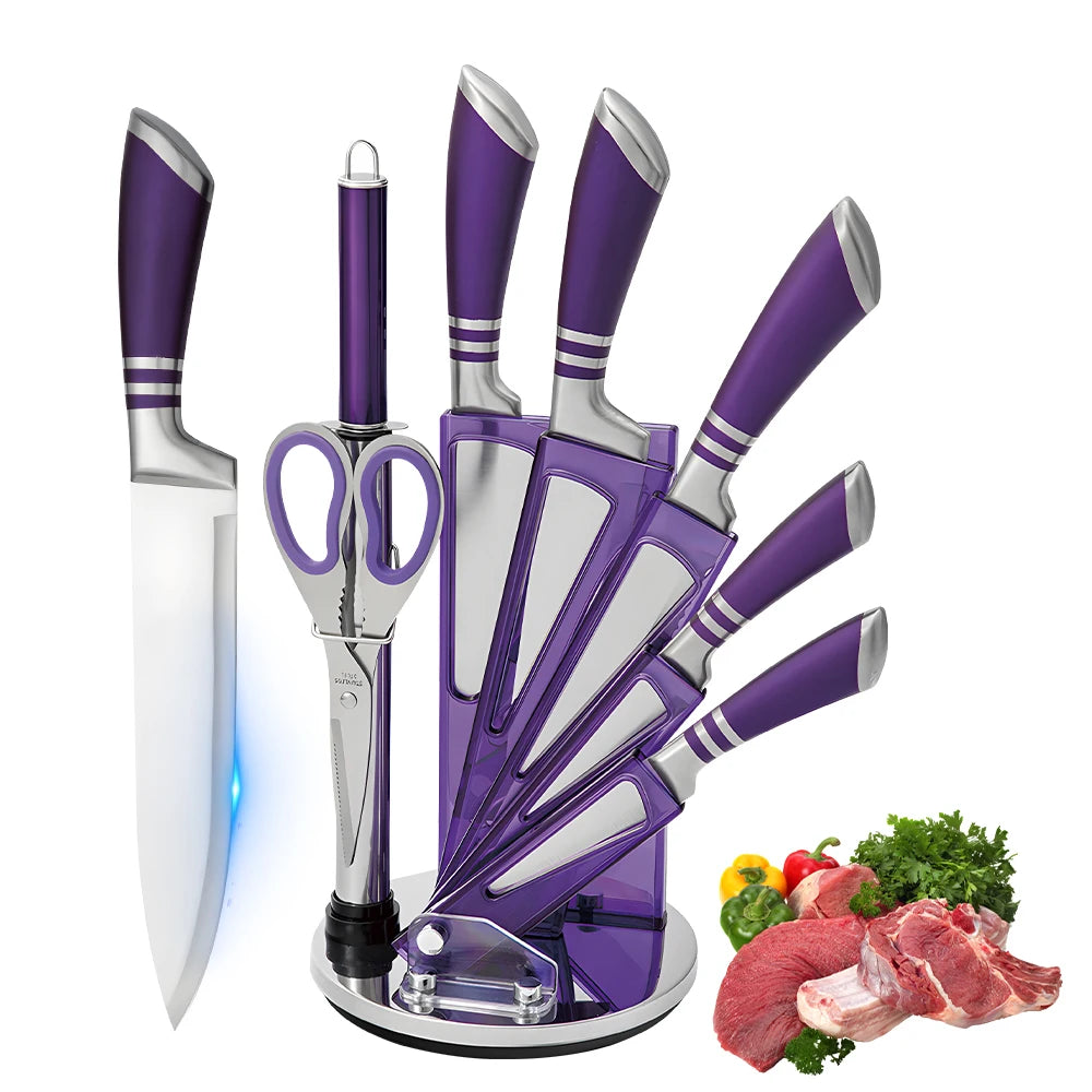 9-teiliges lila Küchenmesserset, scharf und verschleißfest, aus 3CR13-Edelstahl, mit ergonomischem Hohlgriff, Chefmesser-Set mit Geschenkverpackung