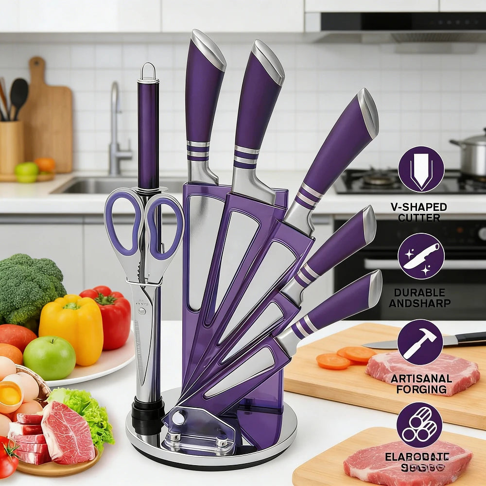 9-teiliges lila Küchenmesserset, scharf und verschleißfest, aus 3CR13-Edelstahl, mit ergonomischem Hohlgriff, Chefmesser-Set mit Geschenkverpackung