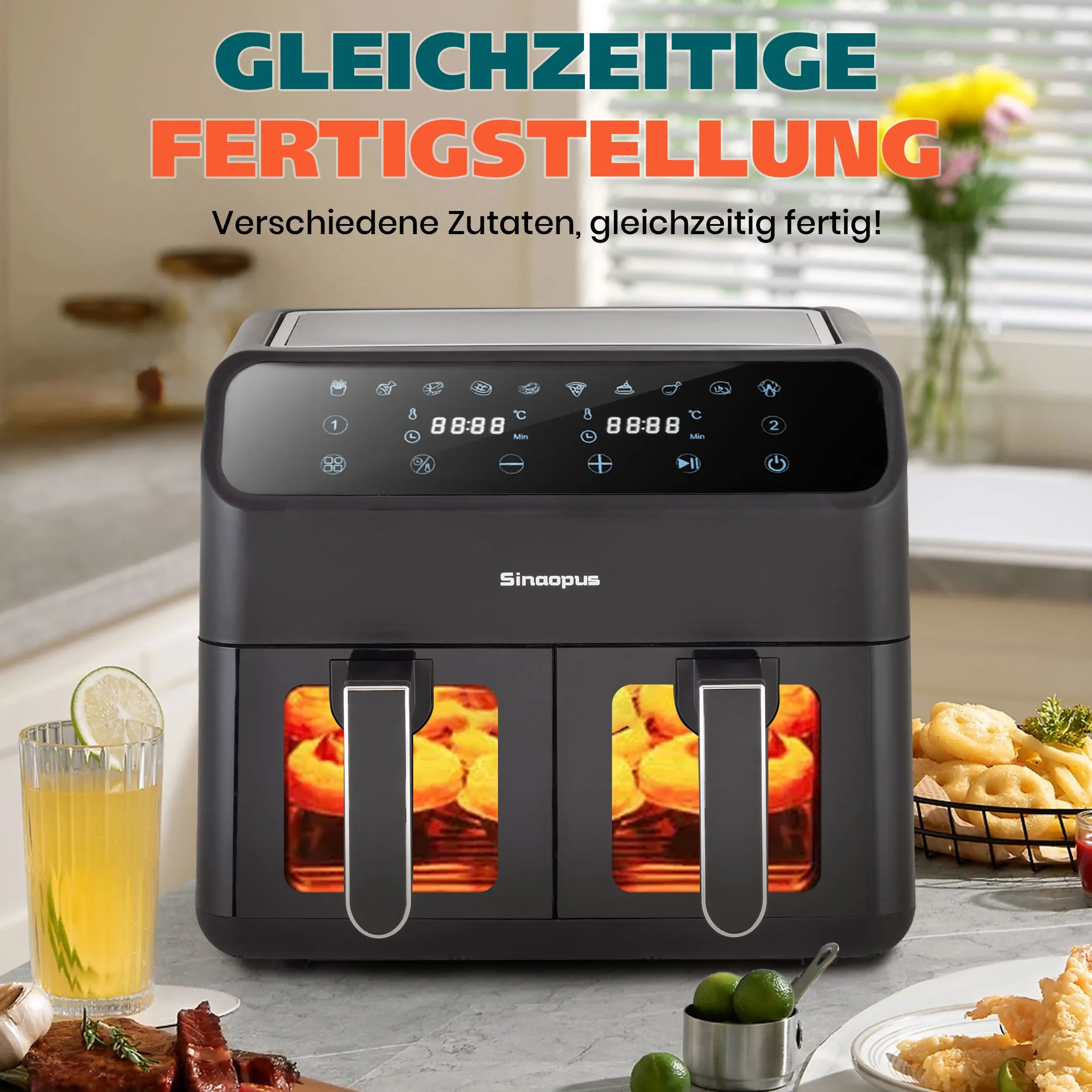 Sinaopus Friggitrice ad aria calda 2000W 9L XXL con doppio scomparto, timer, touchscreen LED, forno elettrico senza olio, formato famiglia
