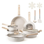 VEVOR Set di Pentole, Padelle Antiaderenti in Granito con Manico, Set di Pentole a Induzione da Cucina per Camper, con Frittura, Coperchi in Vetro Temperato, Bianco, 17 Pezzi