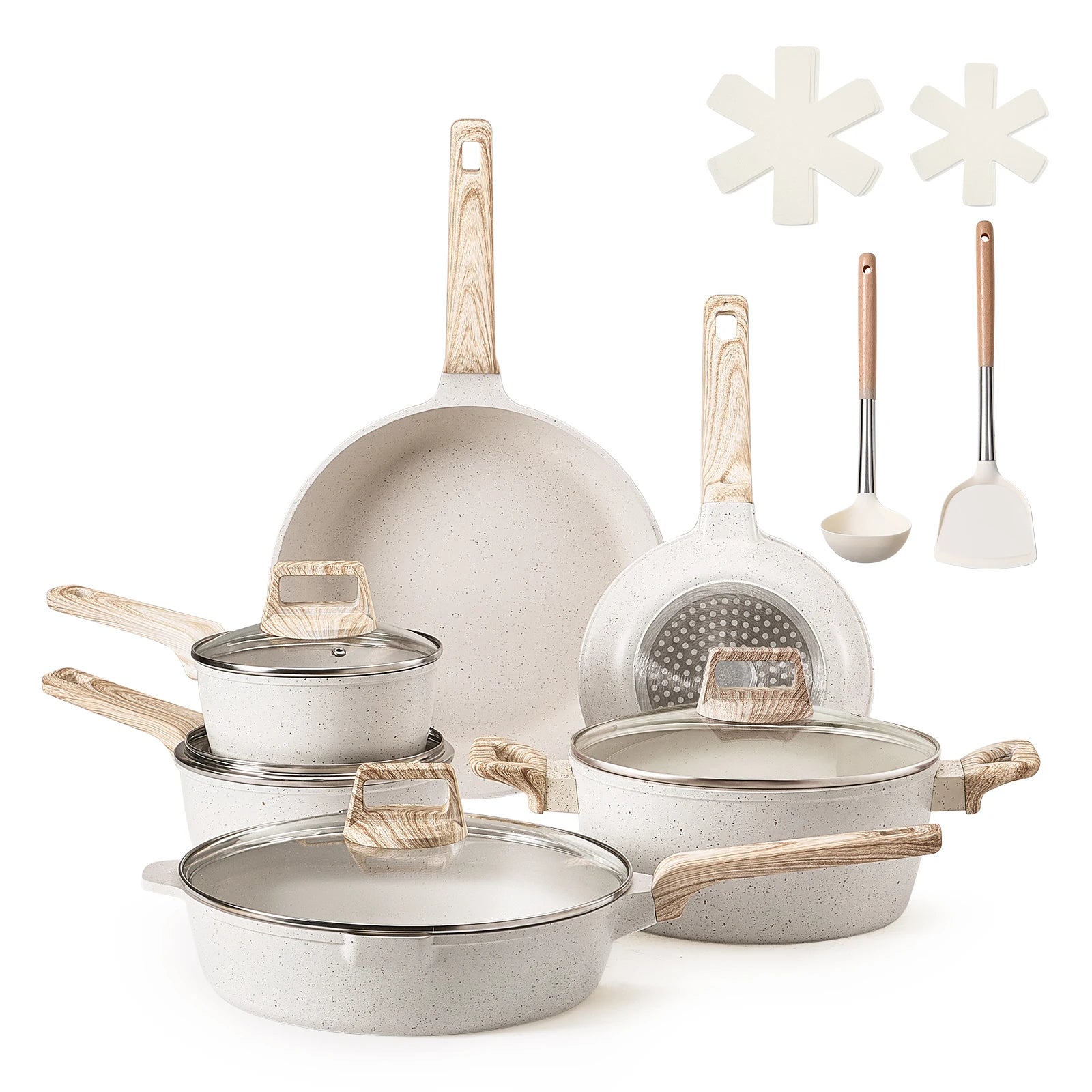 VEVOR Set di Pentole, Padelle Antiaderenti in Granito con Manico, Set di Pentole a Induzione da Cucina per Camper, con Frittura, Coperchi in Vetro Temperato, Bianco, 17 Pezzi