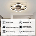 Ventilatore da Soffitto Nero a 4 Anelli con Luce, Moderno Dimmerabile Silenzioso con Telecomando per Camera da Letto e Cucina