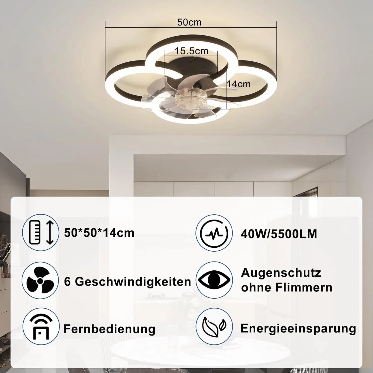 Ventilatore da Soffitto Nero a 4 Anelli con Luce, Moderno Dimmerabile Silenzioso con Telecomando per Camera da Letto e Cucina