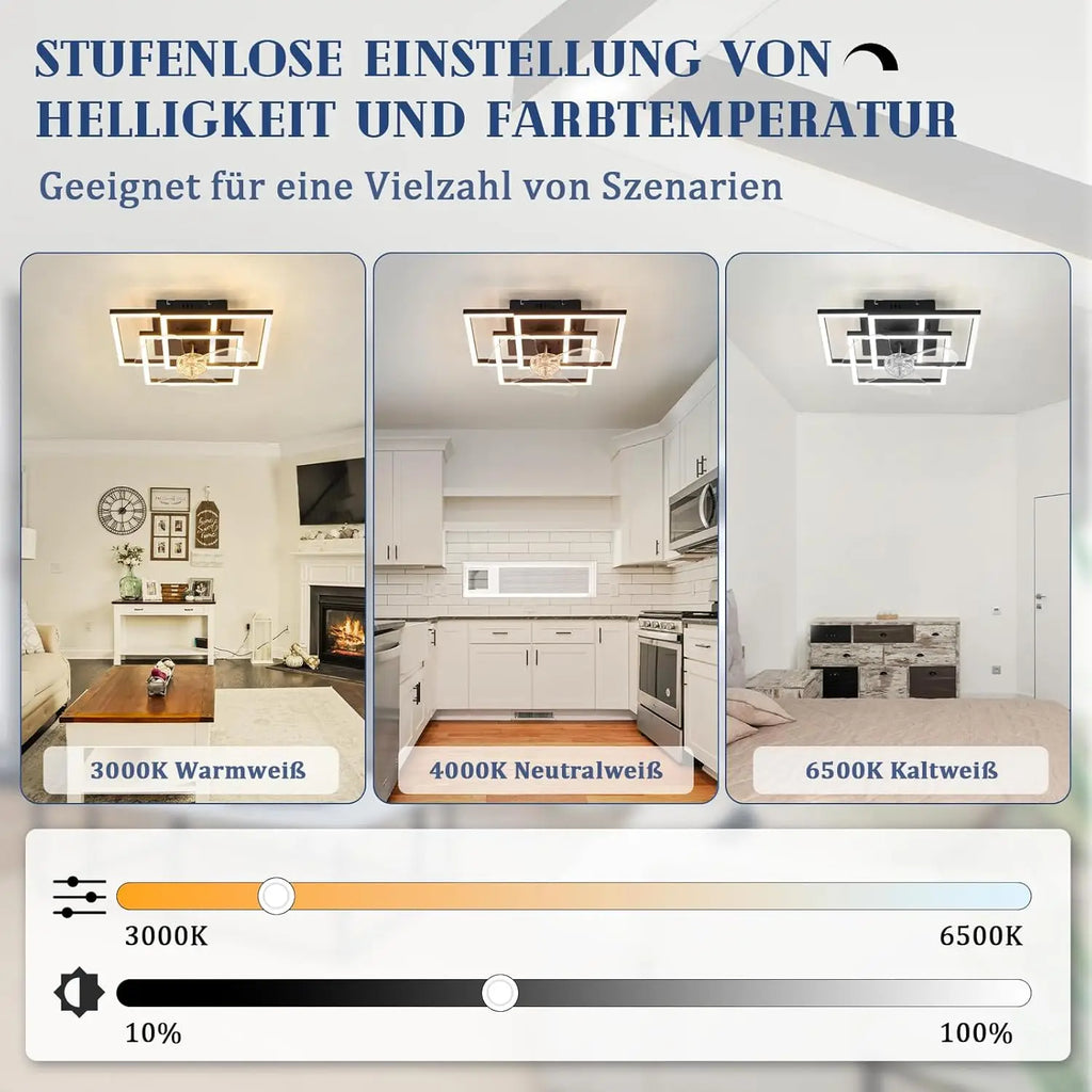 Ventilatore da soffitto nero a 3 teste con cornice quadrata, 33 cm, telecomando dimmerabile