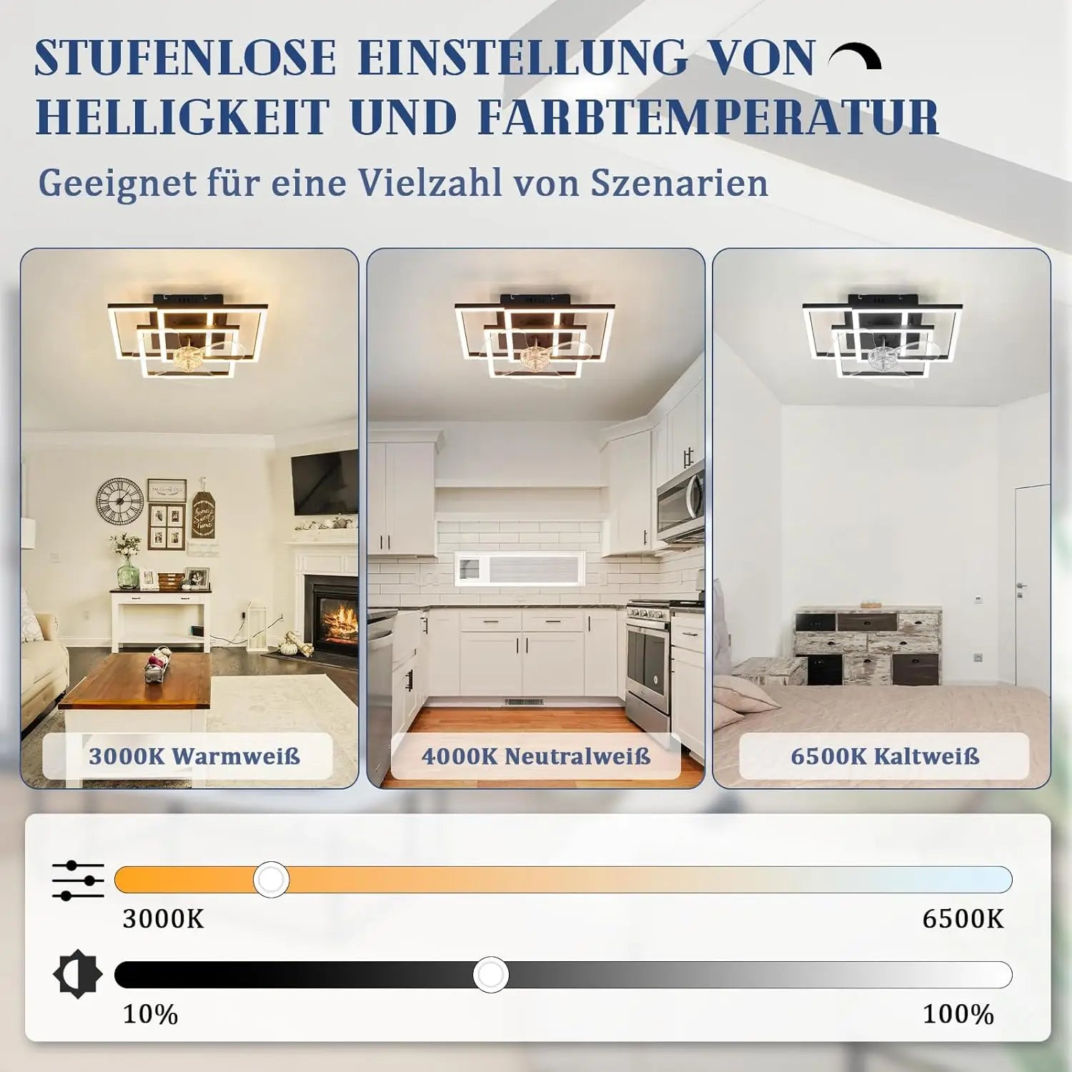 Ventilatore da soffitto nero a 3 teste con cornice quadrata, 33 cm, telecomando dimmerabile