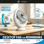 WETECH Ventilatore portatile piccolo, ventilatore da tavolo ricaricabile tramite USB, ventilatore personale silenzioso a 3/5 velocità per studio e ufficio
