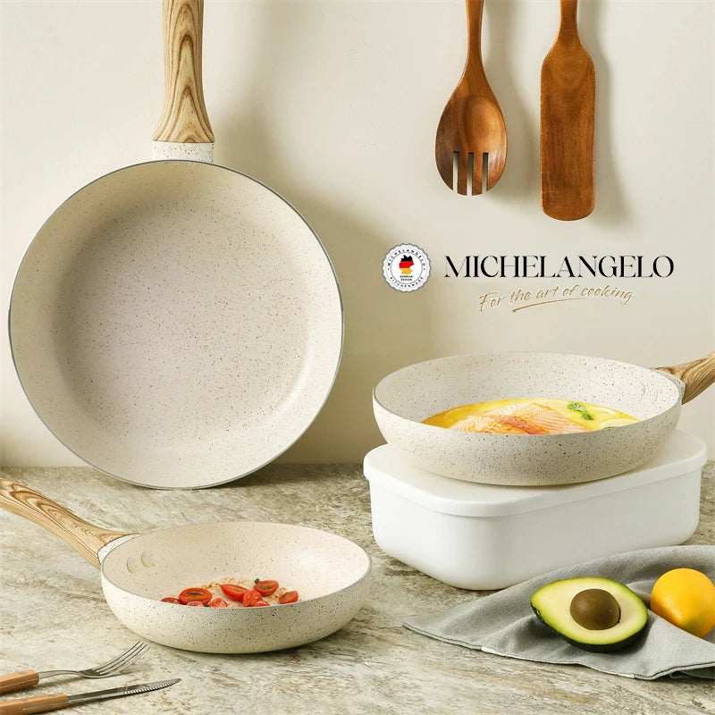 MICHELANGELO Set di padelle in granito da 8/9,5/11 pollici Padella bianca antiaderente con manico antiscottatura Padella per frittata Compatibile con induzione