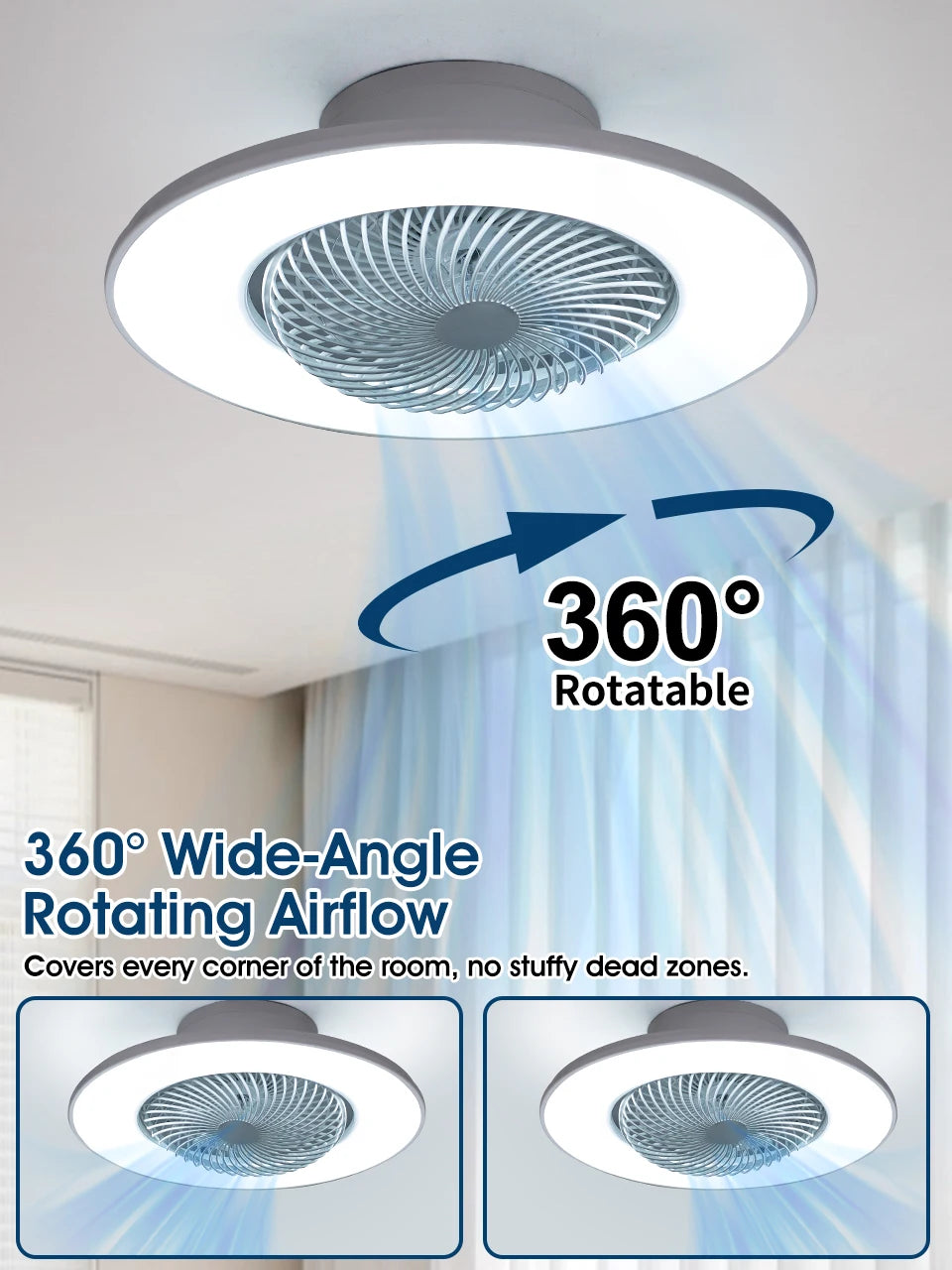 Ventilatore da soffitto da 100W con luce, controllo remoto tramite APP, lampada a LED dimmerabile a 360° °   Luce di sfondo RGB silenziosa girevole a 6 velocità per la casa
