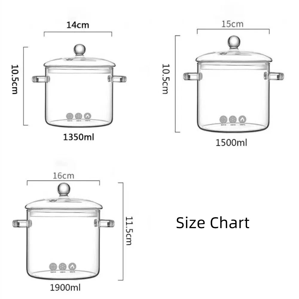 1350/1900 ml Hohe Borosilikatglas-Schüssel mit Griff Hitzebeständiger Glastopf mit Deckel Transparenter Kochtopf