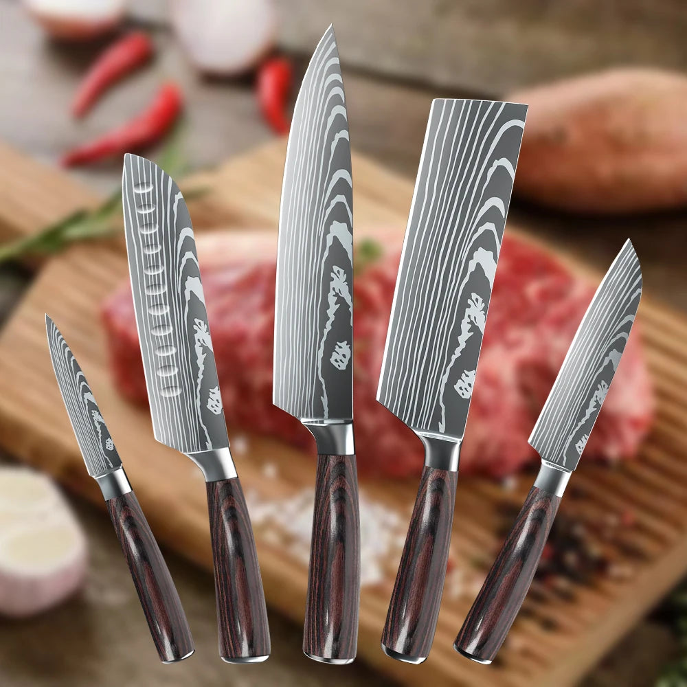 5-teiliges Küchenmesserset mit lasergeätztem Damastmuster, 7Cr17-Stahl, scharf, rostbeständig, Holzgriff, Geschenkbox mit Befestigungsgurt