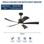 Ventilatore da Soffitto Reversibile da 52 Pollici con Luce, Nero e Oro, 5 Pale, LED 20W, 6 Velocità, Telecomando, Silenzioso, per Interni, Moderno, Estate e Inverno