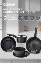 DONNOR 17 Pezzi Set Pentole e Padelle in Alluminio Pressofuso Set di Pentole Antiaderenti Utensili da Cucina Lavabile in Lavastoviglie Supporto a Induzione
