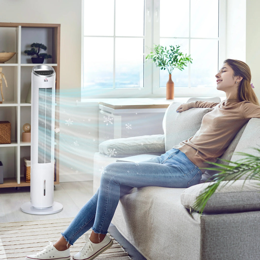 Ventilatore a torre da 60W raffreddato ad acqua con telecomando, funzione umidificante, timer da 8 ore, adatto per ambienti inferiori a 20 m² ㎡ Diametro 30 cm, altezza 100,8 cm.