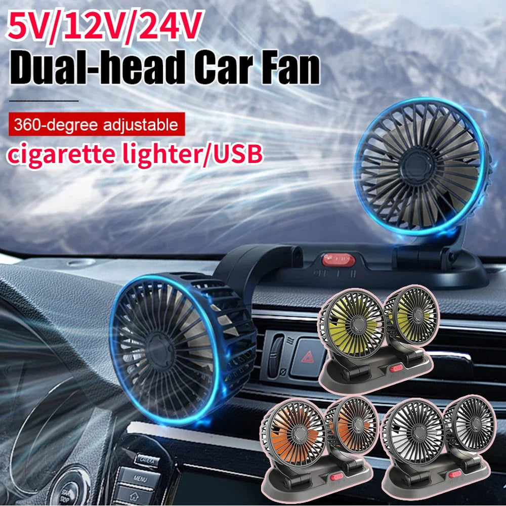 Ventola di Raffreddamento Elettrica per Auto 5V 12V 360° °   Ventilatore USB Multifunzione a Doppia Testa Regolabile, 2 Velocità, per Auto, Casa e Campeggio