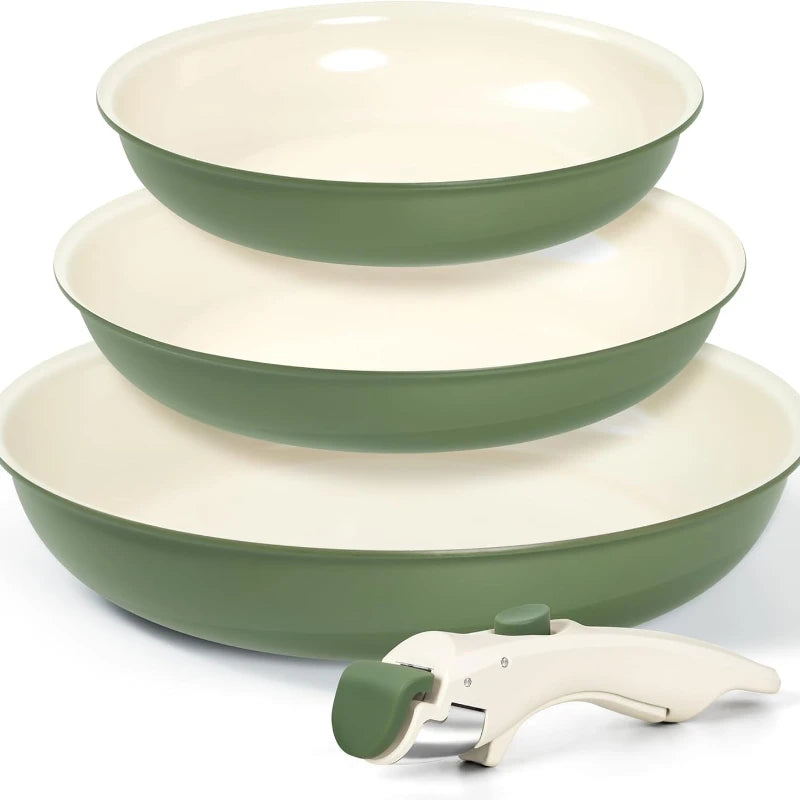 MICHELANGELO 3-teiliges Antihaft-Pfannenset mit abnehmbarem Griff, Keramikbeschichtung, Induktionspfannen, Steakpfanne, Omelettpfanne, ofenfest
