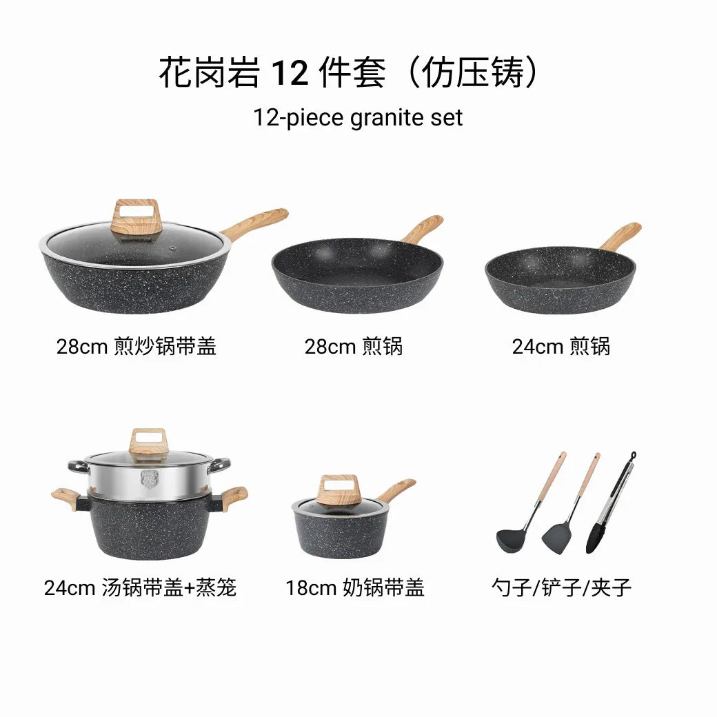 Set di Pentole da Cucina Essenziali, 12 Pezzi, Antiaderenti con Rivestimento in Granito e Compatibilità Universale con Sensori a Gas
