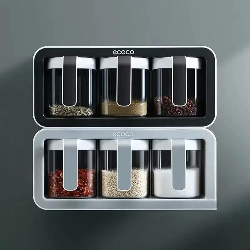 Scaffale per spezie da 3 bottiglie Montaggio a parete Scaffale per cucina Scatola per condimenti Contenitore per sale e zucchero Organizzatore Barattolo Porta spezie Portaoggetti da cucina