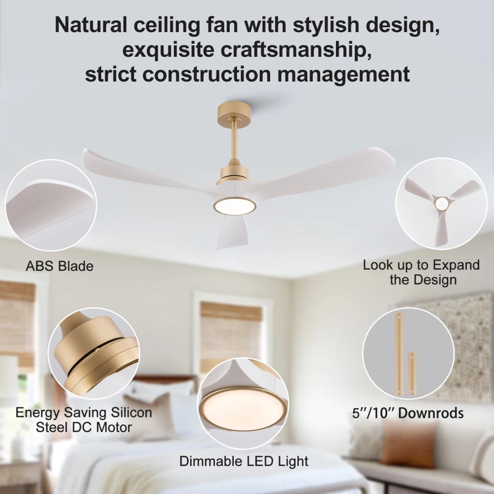 Ventilatore da soffitto bianco-oro da 52 pollici con luce e telecomando, funzione di memoria, motore DC silenzioso e reversibile, 3 pale in ABS, moderno ventilatore da soffitto per interni ed esterni con luce per camera da le