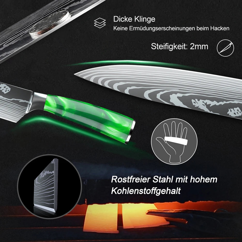 Set mit 8 scharfen und langlebigen ZENG Edelstahlmessern, mit grünem Harzgriff, tragbarer Nylontasche, Küchenutensilien für Zuhause und als Geschenk