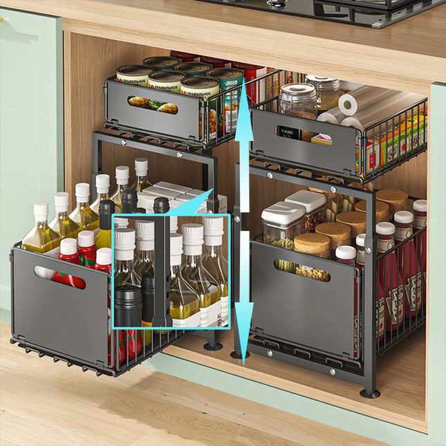 New pull-out cabinet organizer, adjustable kitchen storage, under-sink storage, spice jar storage, sliding drawer
